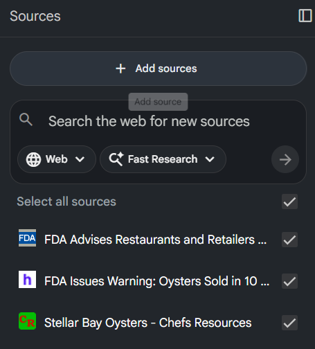 Notebook LM screen showing sources and where to input them